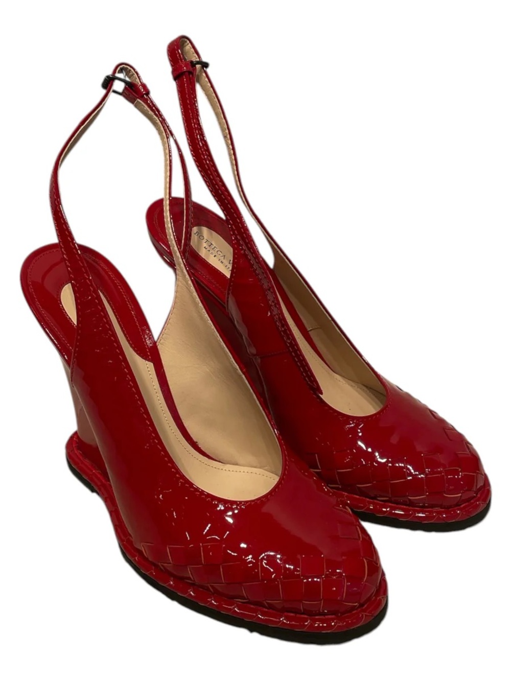 Bottega Veneta Red Patent Woven Slingback Wedges